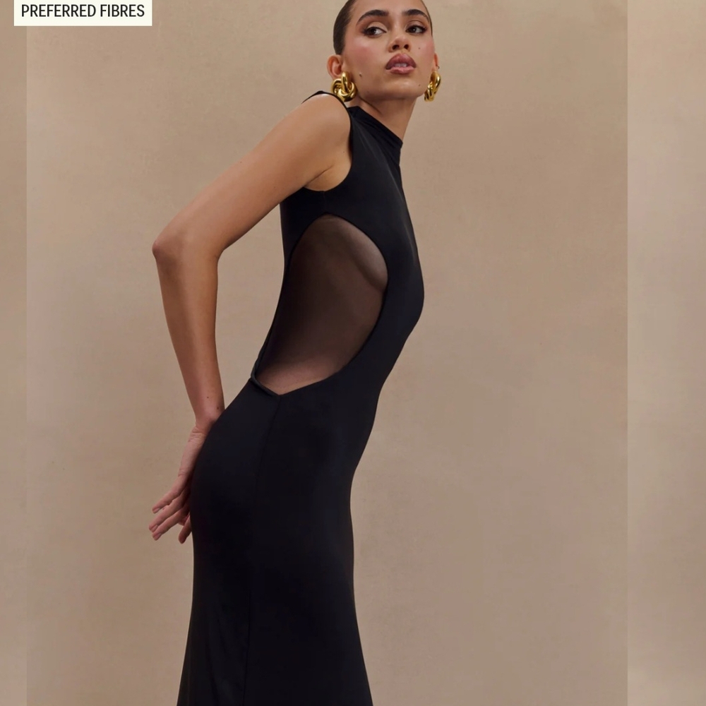 Elegant Black Sleeveless Meshki Sheer Mesh Dress